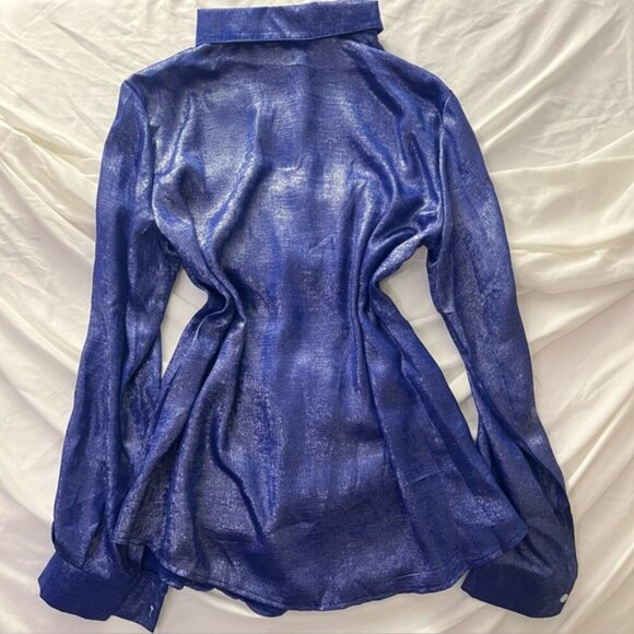 SHEIN Metallic Shimmer Button Down Blouse Blue L - Picture 3 of 7
